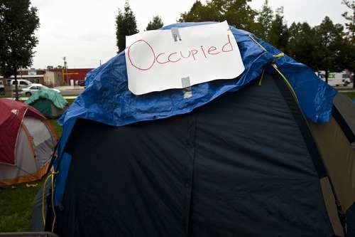Chris Detrick  |  The Salt Lake Tribune
An Occupy SLC participant's tent at Pioneer Park Friday October 7, 2011. The group opposes corporate greed and feels the government is out of touch with the people. They claim to be the 99 percent that has no voice.