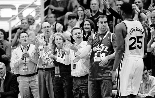 Steve Griffin  |  The Salt Lake Tribune
 
The front row fans slap hands with Utah's Al Jefferson as he comes out ot the game for a breather during second half action of the Utah Jazz Miami Heat game at the EnergySolutions Arena in Salt Lake City Wednesday, December 8, 2010.