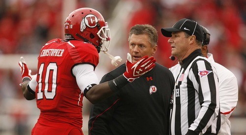Trent Nelson  |  The Salt Lake Tribune
Utah coach Kyle Whittingham has words with receiver DeVonte Christopher during the first quarter of the game against Arizona State at Rice-Eccles Stadium in Salt Lake City on Saturday, Oct. 8, 2011.