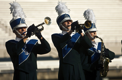 Chris Detrick  |  The Salt Lake Tribune
Members of the Timpanogos marching band perform during the 33rd annual Rocky Mountain Marching Band Competition at LaVell Edwards Stadium Tuesday October 11, 2011.