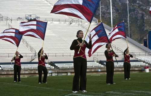 Chris Detrick  |  The Salt Lake Tribune
Members of the Maple Mountain marching band perform during the 33rd annual Rocky Mountain Marching Band Competition at LaVell Edwards Stadium Tuesday October 11, 2011.