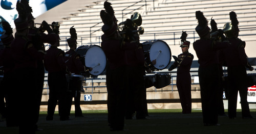 Chris Detrick  |  The Salt Lake Tribune
Members of the Maple Mountain marching band perform during the 33rd annual Rocky Mountain Marching Band Competition at LaVell Edwards Stadium Tuesday October 11, 2011.