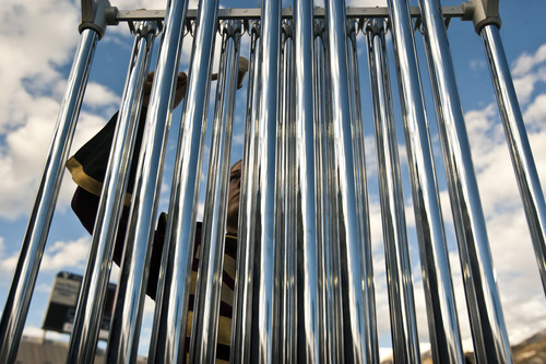 Chris Detrick  |  The Salt Lake Tribune
Maple Mountain's Shalyn Medeiros plays the chimes with the marching band during the 33rd annual Rocky Mountain Marching Band Competition at LaVell Edwards Stadium Tuesday October 11, 2011.