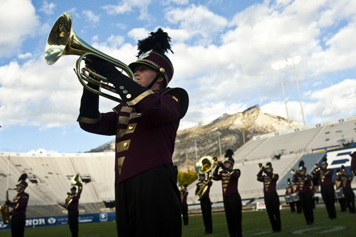 Chris Detrick  |  The Salt Lake Tribune
Maple Mountain's Katrina Ordakowski plays the french horn with the marching band during the 33rd annual Rocky Mountain Marching Band Competition at LaVell Edwards Stadium Tuesday October 11, 2011.