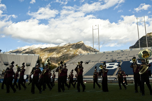 Chris Detrick  |  The Salt Lake Tribune
Members of the Maple Mountain marching band perform during the 33rd annual Rocky Mountain Marching Band Competition at LaVell Edwards Stadium Tuesday October 11, 2011.