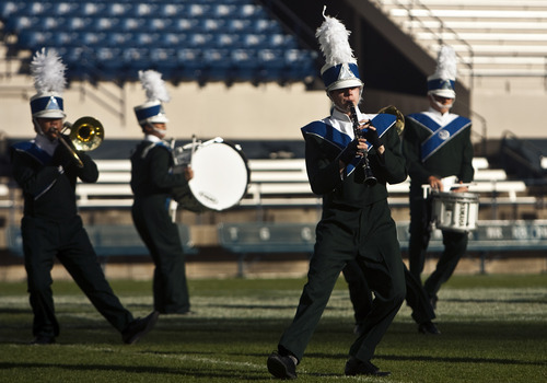 Chris Detrick  |  The Salt Lake Tribune
Members of the Timpanogos marching band perform during the 33rd annual Rocky Mountain Marching Band Competition at LaVell Edwards Stadium Tuesday October 11, 2011.