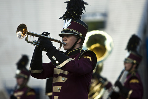 Chris Detrick  |  The Salt Lake Tribune
Members of the Maple Mountain marching band perform during the 33rd annual Rocky Mountain Marching Band Competition at LaVell Edwards Stadium Tuesday October 11, 2011.