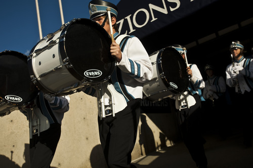 Chris Detrick  |  The Salt Lake Tribune
Members of the West Jordan marching band perform during the 33rd annual Rocky Mountain Marching Band Competition at LaVell Edwards Stadium Tuesday October 11, 2011.