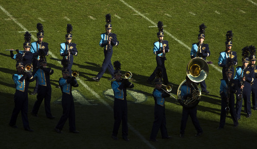 Chris Detrick  |  The Salt Lake Tribune
Members of the Salem Hills marching band perform during the 33rd annual Rocky Mountain Marching Band Competition at LaVell Edwards Stadium Tuesday October 11, 2011.