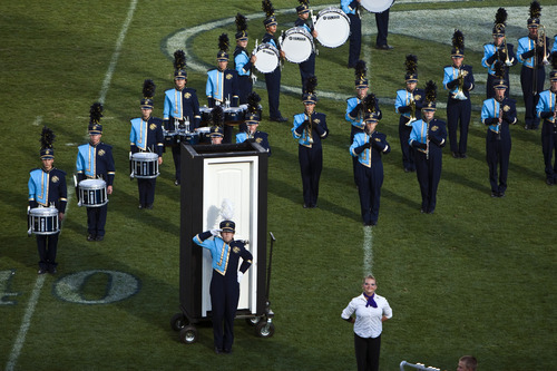 Chris Detrick  |  The Salt Lake Tribune
Members of the Salem Hills marching band perform during the 33rd annual Rocky Mountain Marching Band Competition at LaVell Edwards Stadium Tuesday October 11, 2011.