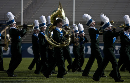 Chris Detrick  |  The Salt Lake Tribune
Members of the Timpanogos marching band perform during the 33rd annual Rocky Mountain Marching Band Competition at LaVell Edwards Stadium Tuesday October 11, 2011.