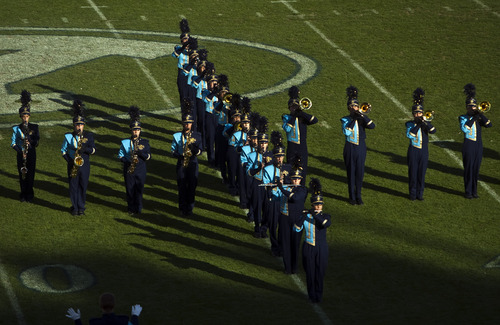 Chris Detrick  |  The Salt Lake Tribune
Members of the Salem Hills marching band perform during the 33rd annual Rocky Mountain Marching Band Competition at LaVell Edwards Stadium Tuesday October 11, 2011.