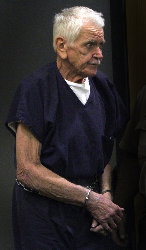 Rick Egan  | The Salt Lake Tribune 

Charles Edward Dodd enters the 8th District Court in Duchesne on Thursday. Dodd, 75, is charged with first-degree felony murder for the death of his ailing wife. He allegedly tried to commit suicide.