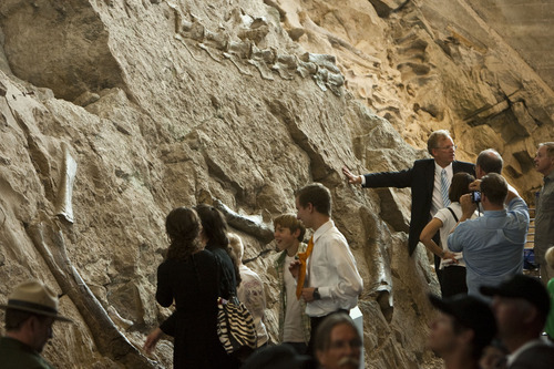 Chris Detrick  |  The Salt Lake Tribune
Visitors look at fossils during the Grand Opening Celebration of the Quarry Exhibit Hall at Dinosaur National Monument on Tuesday, Oct. 4, 2011. The old Quarry Exhibit Hall was closed in July 2006 due to safety hazards. The Carnegie Quarry contains nearly 1,500 fossils.  In addition to the fossil wall, the facility features exhibits about dinosaurs and other life from the Jurassic period.