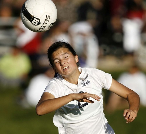 Trent Nelson  |  The Salt Lake Tribune
Skyline's Katelynne Halliday heads the ball. Skyline defeats Bountiful in a shootout, high school soccer playoffs, in Herriman, Utah, Thursday, October 13, 2011.