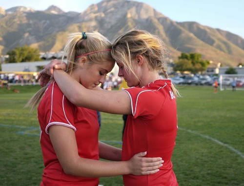 Trent Nelson  |  The Salt Lake Tribune
Bountiful's Leah Wood, left, and Alexis Peterson during a tense shootout. Skyline defeats Bountiful in a shootout, high school soccer playoffs, in Herriman, Utah, Thursday, October 13, 2011.