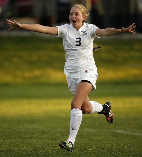 Trent Nelson  |  The Salt Lake Tribune
Skyline's Kaitlin Parkin celebrates after scoring a goal in the shootout. Skyline defeats Bountiful in a shootout, high school soccer playoffs, in Herriman, Utah, Thursday, October 13, 2011.