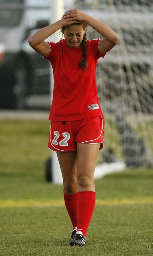 Trent Nelson  |  The Salt Lake Tribune
Bountiful's Jenny Skedros reacts to a missed shot in the shootout. Skyline defeats Bountiful in a shootout, high school soccer playoffs, in Herriman, Utah, Thursday, October 13, 2011.