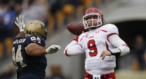 Trent Nelson  |  The Salt Lake Tribune
Utah quarterback Jon Hays, right, went 14-for-23 for 127 yards against Pitt on Saturday. Hays also got sacked seven times and said later that the Utes' offense never found its rhythm.