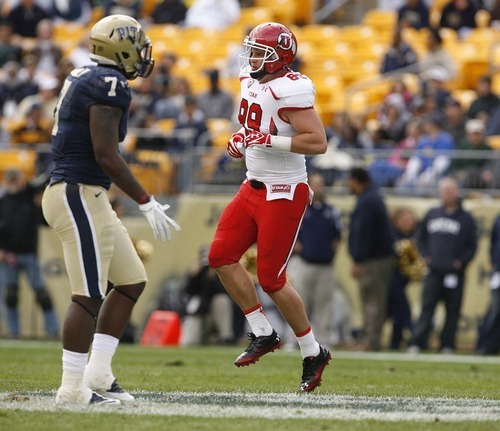 Trent Nelson  |  The Salt Lake Tribune
Utah tight end Dallin Rogers hops off the field during the first half. Utah vs. Pitt, college football at Heinz Field Stadium in Pittsburgh, Pennsylvania, Saturday, October 15, 2011.