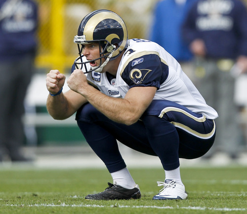 St. Louis Rams kicker Josh Brown reacts after missing a field goal during the first half of an NFL football game against the Green Bay Packers Sunday, Oct. 16, 2011, in Green Bay, Wis. (AP Photo/Jeffrey Phelps)
