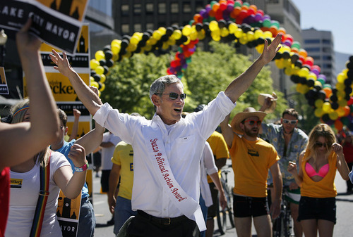 Scott Sommerdorf  |  The Salt Lake Tribune
Salt Lake City Mayor Ralph Becker walks in The Utah Pride parade, Sunday, June 5, 2011.