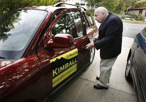 Scott Sommerdorf  |  The Salt Lake Tribune             
Candidate for Mayor of Salt Lake City, J. Allen Kimball leaves his home Saturday, October 15, 2011 in order to meet his wife and help her clean the Federal Heights ward house.