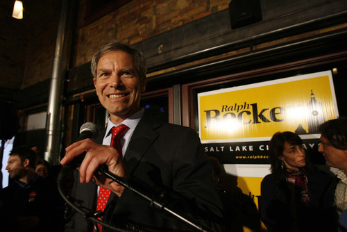Trent Nelson | The Salt Lake Tribune
Ralph Becker makes his winner's speech, celebrating victory at his mayoral election night headquarters at Squatter's Pub Brewery in Salt Lake City.