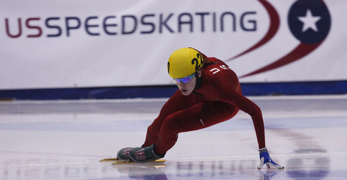 Leah Hogsten  |  The Salt Lake Tribune
Katherine Reutter skates the semi-final with a time of 2:27.203.
The 2010 U.S. Short-Track Championships, including the 500 and 1,500 meters Saturday, December 18, 2010, in Kearns at the Utah Olympic Oval.