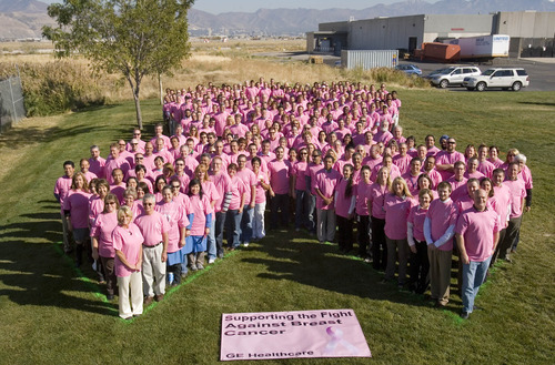Paul Fraughton | The Salt Lake Tribune
GE Healthcare employees  form a human cancer awareness ribbon in a field next to their Salt Lake City  facilities. The Salt Lake employees  joined other GE employees in 25 locations around the world  dedicating time to draw awareness to  breast cancer.
  Wednesday, October 19, 2011