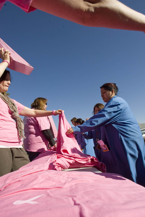 Paul Fraughton | The Salt Lake Tribune
GE Healthcare employees  are given pink T shirts as they prepare to form a human cancer awareness ribbon in a field next to their Salt Lake City  facilities.
  Wednesday, October 19, 2011