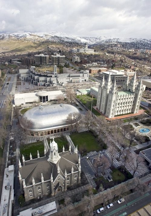 Al Hartmann   |  The Salt Lake Tribune 
Temple Square with Old Meeting House, Tabernacle,  Salt Lake Temple, and LDS Conference Center, seen from high angle above South Temple and West Temple on March 22, 2011.