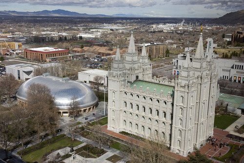 Al Hartmann   |  The Salt Lake Tribune 
Temple Square with Tabernacle, and Salt Lake Temple seen from high angle above South Temple and West Temple streets on March 22, 2011.