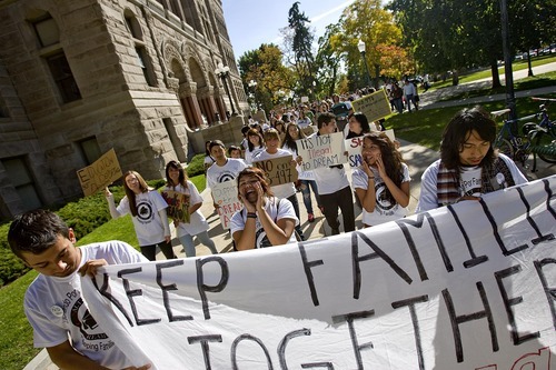 Djamila Grossman  |  The Salt Lake Tribune

People protest the HB497 immigration bill at the City County Building in Salt Lake City, Utah, on Saturday, Sept. 22, 2011.