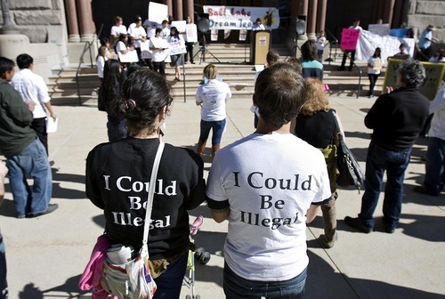 Djamila Grossman  |  The Salt Lake Tribune

People wait for the start of a protest against the HB497 immigration bill at the City County Building in Salt Lake City, Utah, on Saturday, Sept. 22, 2011.