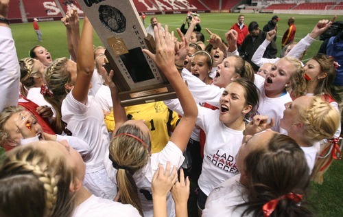 Steve Griffin  |  The Salt Lake Tribune


Alta players celebrate during the girl's 5A championship soccer game between Alta and Viewmont at Rio Tinto Stadium in Sandy, Utah Friday, October 21, 2011. Alta defeated VIewmont 1-0.