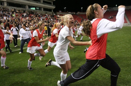 Steve Griffin  |  The Salt Lake Tribune


Alta players storm the field as time expires during the girl's 5A championship soccer game between Alta and Viewmont at Rio Tinto Stadium in Sandy, Utah Friday, October 21, 2011. Alta defeated VIewmont 1-0.