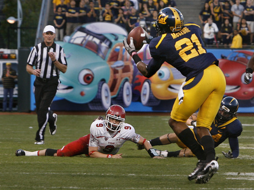 Scott Sommerdorf  |  The Salt Lake Tribune             
Utah QB Jon Hayes looks up to see Cal Bear DB Stefan McClure grab an interception early in the second half when the Utes were driving. The Cal Bears beat Utah 34-10 at AT&T Park in San Francisco, Saturday, October 22, 2011.