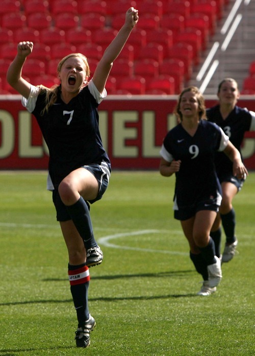 Leah Hogsten | The Salt Lake Tribune 
Waterford's captain Kristen Johnson and teammates celebrate the state championship. Waterford High School defeated St. Joseph High School 1-0 to seize the 2A State Girls Soccer Championship titlle Saturday,October 22 2011 at Rio Tinto Stadium.