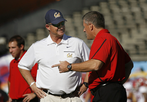 Scott Sommerdorf  |  The Salt Lake Tribune             
Cal head coach Jeff Tedford (left), and Utah head coach Kyle Whittingham chat during pregame warmups for both teams. The Utah Utes play the California Golden Bears at AT&T Park in San Francisco, Saturday, October 22, 2011.