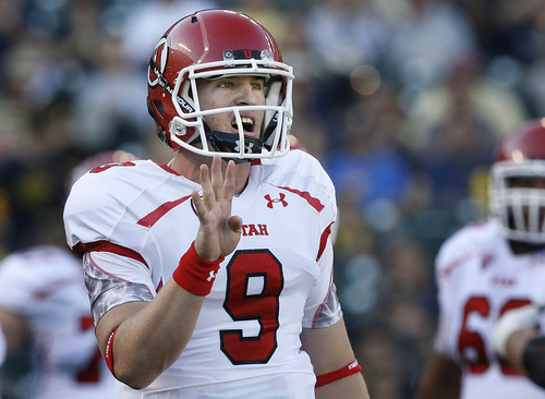 Scott Sommerdorf  |  The Salt Lake Tribune             
Utah quarterback Jon Hays (9) yells fro the play to be sent in during the first half. The Cal Bears held a 20-0 halftime lead over Utah at AT&T Park in San Francisco, Saturday, October 22, 2011.