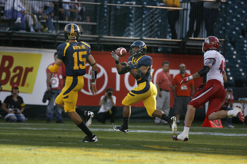 Scott Sommerdorf  |  The Salt Lake Tribune             
Cal QB Zach Maynard completes a pass to TB Brendan Bigelow during first half play. The Cal Bears held a 20-0 halftime lead over Utah at AT&T Park in San Francisco, Saturday, October 22, 2011.
