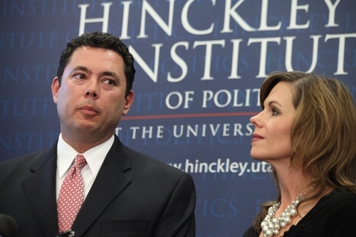Lynn DeBruin  |  The Associated Press
U.S. Rep. Jason Chaffetz, left, with his wife Julie by his side.
