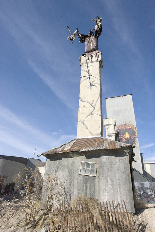 Paul Fraughton  |  The Salt Lake Tribune
The Grim Reaper greets visitors to The  Fear Factory, Salt Lake City's newest haunted house. The spook alley is in an old cement factory near Interstate 15.