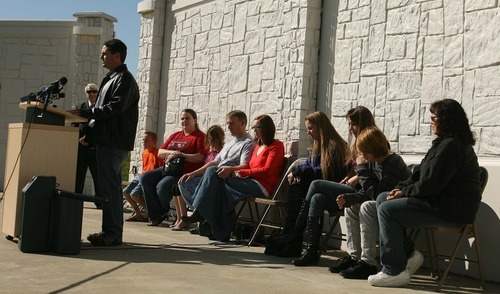 Leah Hogsten | The Salt Lake Tribune 
Mike Miera talks to reporters Wednesday, Oct. 26, 2011. Mother and stepfather of slain 16-year-old Alexis Rasmussen, Dawn and Mike Miera, talked of Rasmussen's life in tribute Wednesday, at Barker Park.