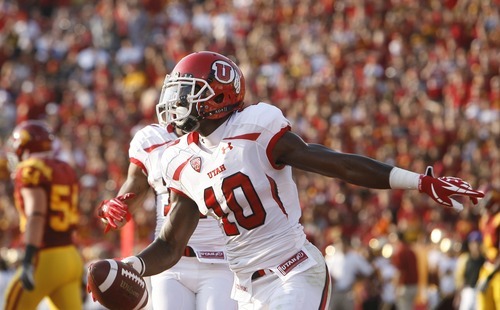 Chris Detrick  |  The Salt Lake Tribune
Utah Utes wide receiver DeVonte Christopher (10) celebrates after scoring a touchdown during the first half of the game at the Los Angeles Memorial Coliseum Saturday September 10, 2011.
