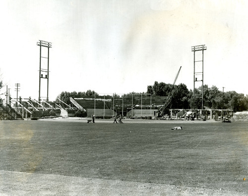 Tribune file photo

Construction crews work to build Derks Field as seen in this 1947 photo. The ballpark was quickly built to replace Community Ball Park after it burned down a year earlier.