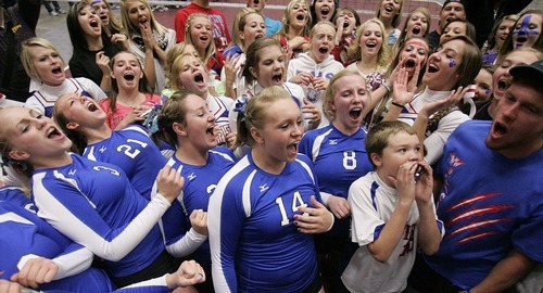 Trent Nelson  |  The Salt Lake Tribune
Richfield players celebrate their state championship by letting out a cheer with their fans. Richfield defeats San Juan for the 2A high school State Championship at Utah Valley University in Orem, UT on Saturday, October 29, 2011.