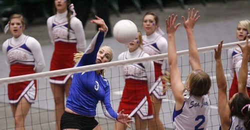 Trent Nelson  |  The Salt Lake Tribune
Richfield's Sloane Roundy spikes the ball. Richfield vs. San Juan high school volleyball, 2A State Championship at Utah Valley University in Orem, UT on Saturday, October 29, 2011.