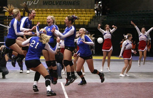 Trent Nelson  |  The Salt Lake Tribune
As the ball flies out of bounds for the final set point, Richfield players celebrate their state championship win. Richfield defeats San Juan for the 2A high school State Championship at Utah Valley University in Orem, UT on Saturday, October 29, 2011.